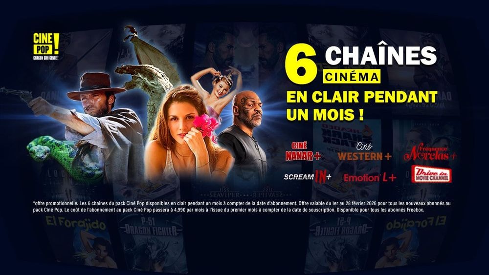 Février 2026 : Pack Ciné POP en accès libre sur Free TV - 6 chaînes cinéma