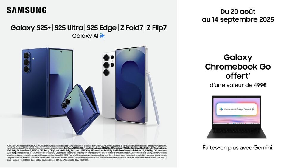 Spécial rentrée Free Mobile : un Galaxy Chromebook Go offert avec votre smartphone Samsung S25 Ultra, S25 Edge, Z Flip7 ou Z Fold7
